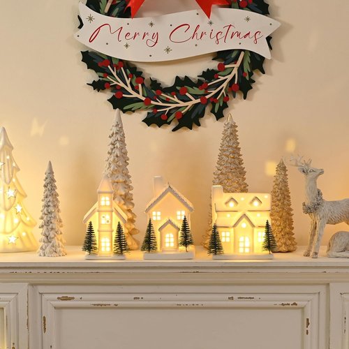 AOMOONOA Ceramic White Christmas Village Houses - 3-Piece LED Lighted Porcelain Set with 6 Trees | Holiday Home Decor