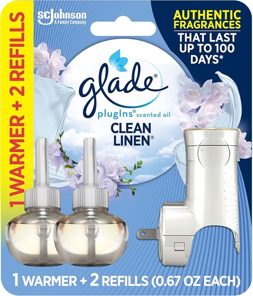Glade PlugIns Refills Air Freshener Starter Kit - Clean Linen Scent | 1 Warmer + 2 Refills, 1.34 Fl Oz
