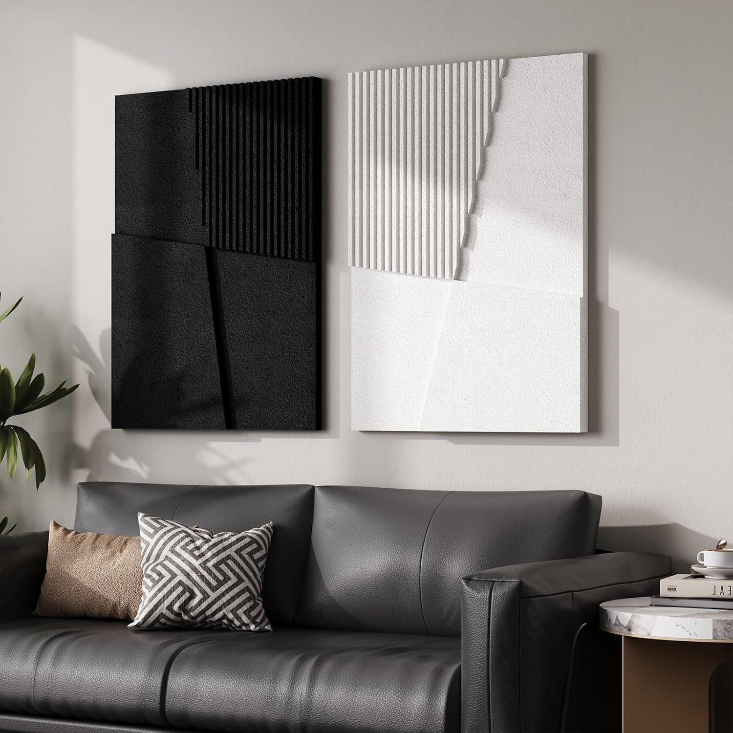 Skiennix 3D Textured Black and White Abstract Wall Art - Modern Geometric Paintings, 24x36 In, 2 Piece Set