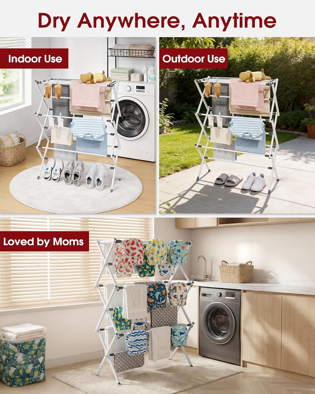Sakugi Foldable Clothes Drying Rack - Space-Saving 3-Tier Metal Laundry Rack for Indoor & Outdoor Use | 11.4"D x 29.1"W x 37.4"H, White & Black