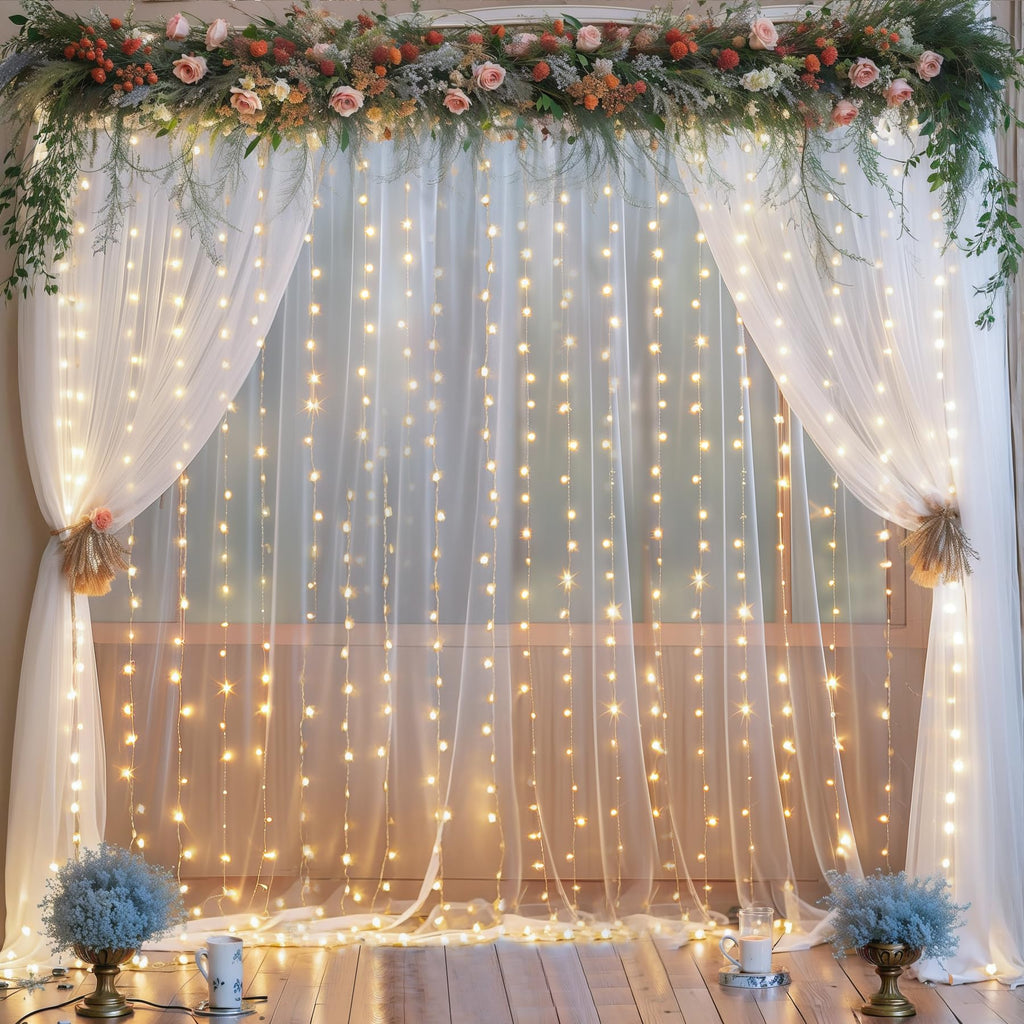 10FT x 7FT White Sheer Curtains with Lights String Tulle Curtain for Living Room Bedroom Parites Wedding Birthday Decorations 2 Panels 60" Wｘ84 L
