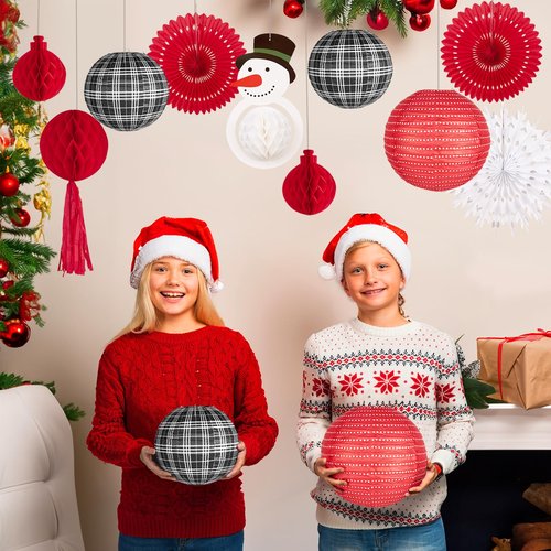 14Pcs Black Red Buffalo Check 3D Snowman Christmas Paper Lantern Decoration, Snowflake Honeycomb Tissue Paper Fan Garland Set, Indoor Outdoor Happy Lunar New Year Ornament Party Supply Kit 12,10,8''