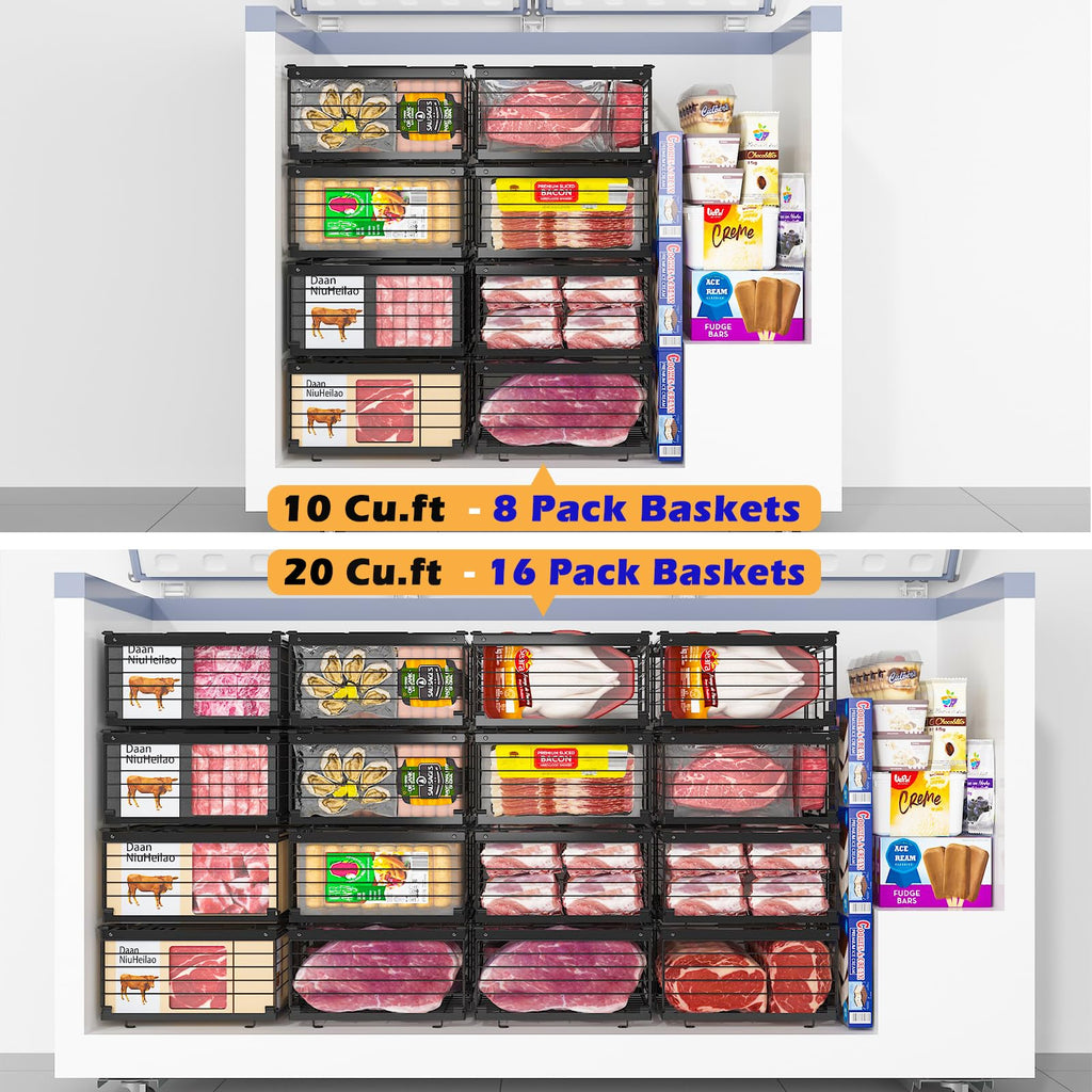 NADAMOO Freezer Organizer Bins, 4 Packs Large Expandable Stackable Chest Freezer Containers with Handle, Metal Adjustable Storage Baskets for Fridge, Deep Freezer, Cabinet, Kitchen, Pantry - Black