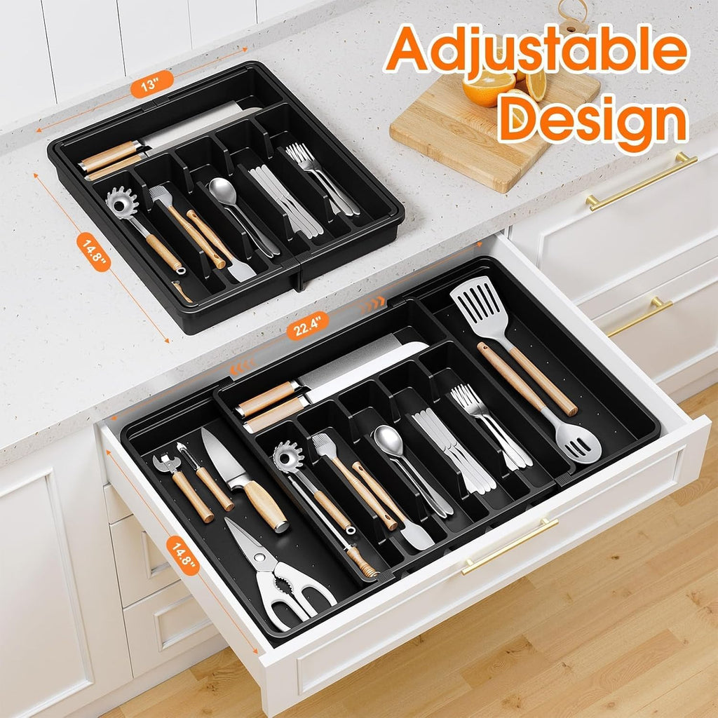 SpaceHacks Adjustable Silverware Organizer - Expandable Utensil Holder for Kitchen Drawers, Large, Black
