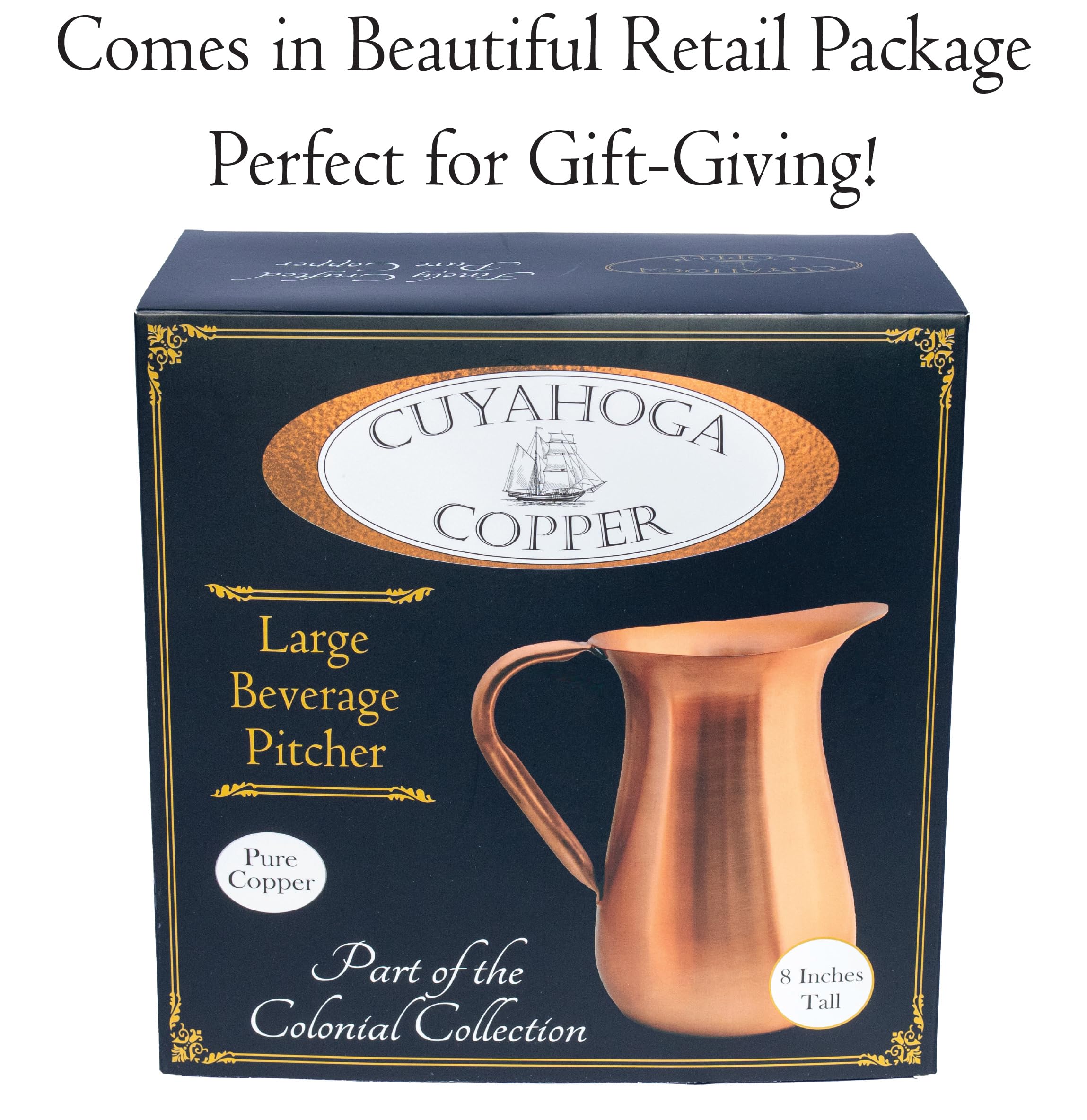 Cuyahoga Copper 100% Pure Copper Beverage Pitcher – 64 oz Luxury Smooth Finish – Beautiful 8” Tall Drinkware – Includes Premium Retail Packaging – Ideal for Home & Entertaining