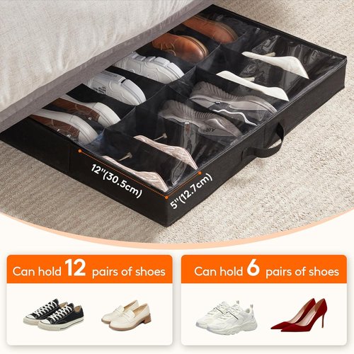 Lifewit Under Bed Shoe Storage Organizer - 2 Pack for 12 Pairs + 4 Pairs | Foldable Fabric Boxes with Clear Cover - Black