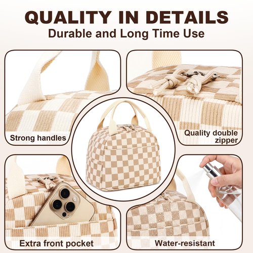 LEDAOU Insulated Lunch Bag women Corduroy Small Lunch Box for Women with Front Pocket Leakproof Cooler Checkered Cute Adult Gilrs Lunch Box for Work School Picnic