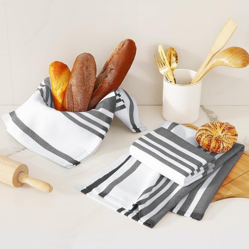 Homaxy Premium Kitchen Towels - Highly Absorbent Cotton Dish Towels | 6 Pack, 18”x28”, Black Stripe & Terry