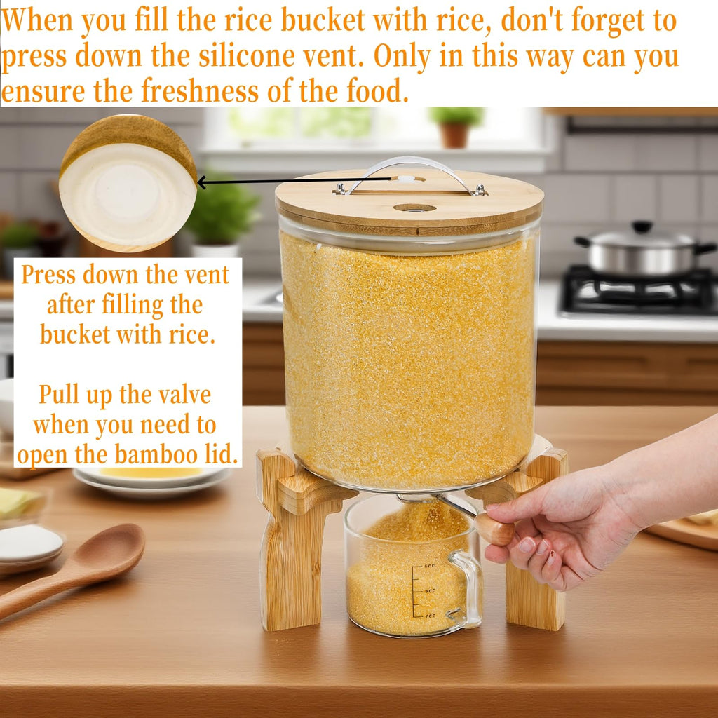Goaste Glass Rice Dispenser with Bamboo Stand, 5L Flour Cereal Container with Airtight Lid, 8 Lbs Large Grain Food Storage Bucket, Countertop Beans Storage Tank with Measuring Cup & Valve for Dry Food