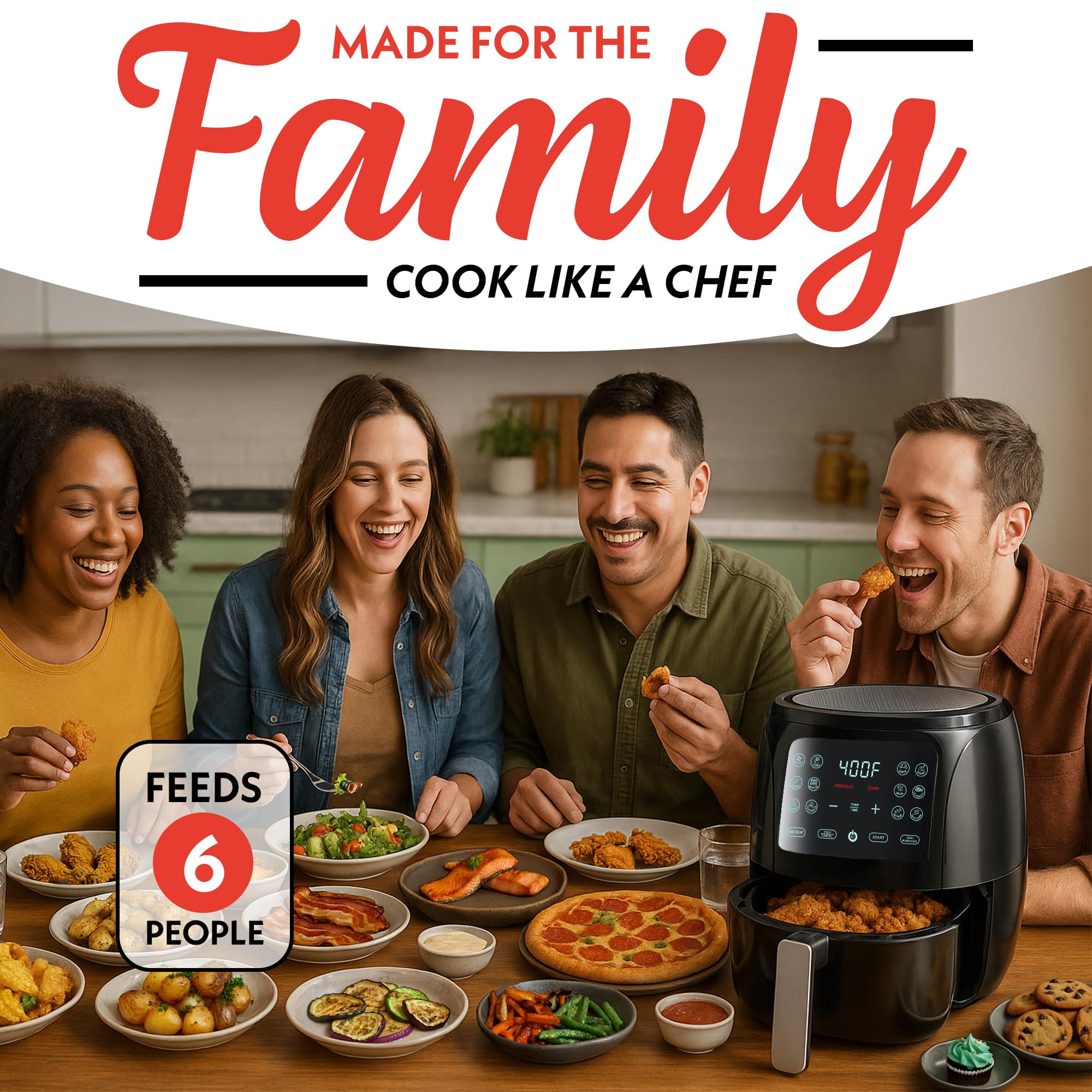 Gourmia Air Fryer - 6 Qt Large Capacity, FryForce 360º, Digital Display with 12 Presets, Roast, Bake, Broil, Dehydrate, Dishwasher Safe Accessories, Black