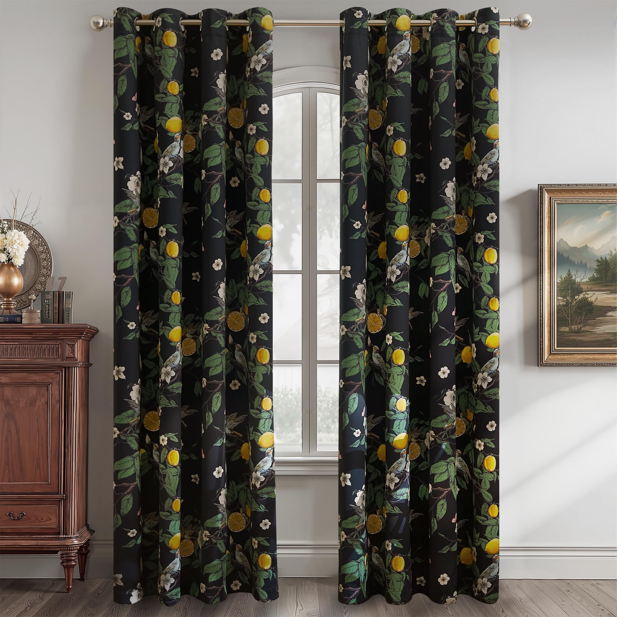 NICETOWN 100% Blackout Floral Curtains for Bedroom, W52 x L84 2 Panels, Hummingbird Lemon Botanical Print Design Thermal Insulated Privacy Drapes, Black Out Curtains for Living Room, Farmhouse