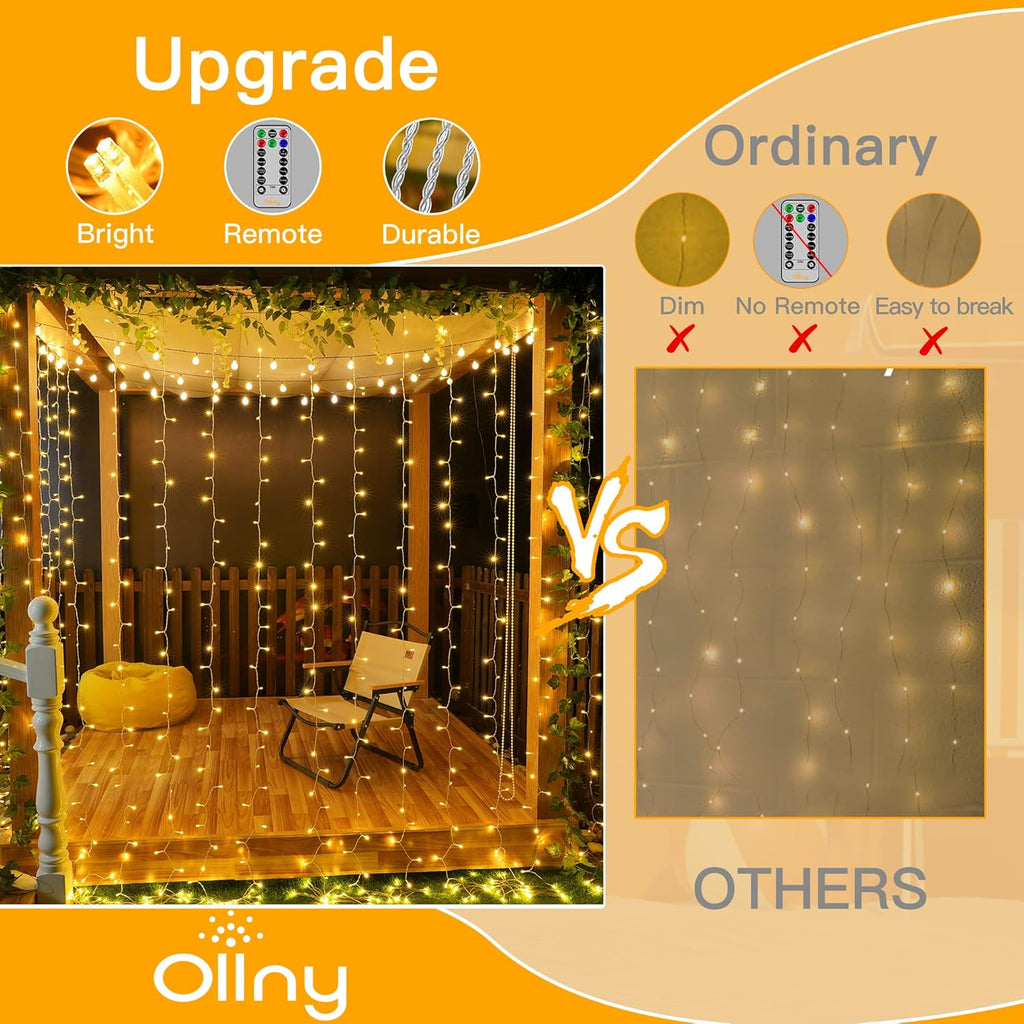 Ollny Curtain Lights - 200 LED String Lights with Remote & Timer | 6.6x6.6ft Warm White Fairy Light for Indoor Decor