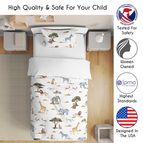Sweet Jojo Designs Jungle Animals Boy Girl Toddler Kid Bedding Set Childrens 5pc Comforter Hunter Green Yellow Grey Rust Orange Black White Wildlife Safari Animal Elephant Giraffe Lion Monkey Leopard