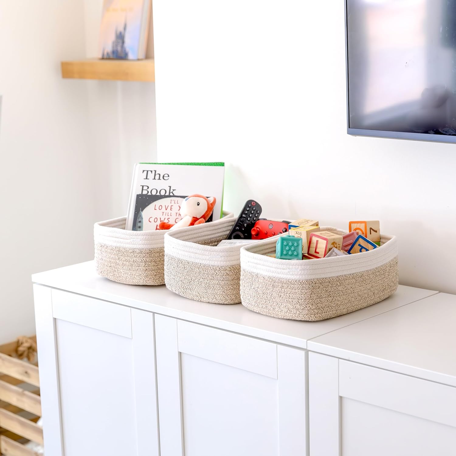 NaturalCozy Storage Baskets - 3 Pack Cotton Rope Woven Bins for Organizing | Ideal for Nursery, Bathroom, Closet