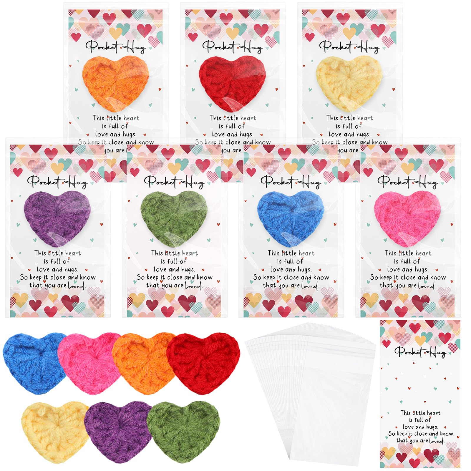 Mindsoft 35 Sets Emotional Cheer Support Gift Bulk Cute Hand Crocheted Pocket Hug Heart Inspirational Cards and Bags Party Favor for Preschool Toddler Boy Girls