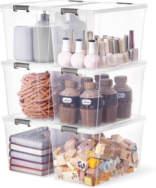 Citylife 7.8 QT Small Storage Bins - Stackable Plastic Containers with Lids | Clear White, 6-Pack