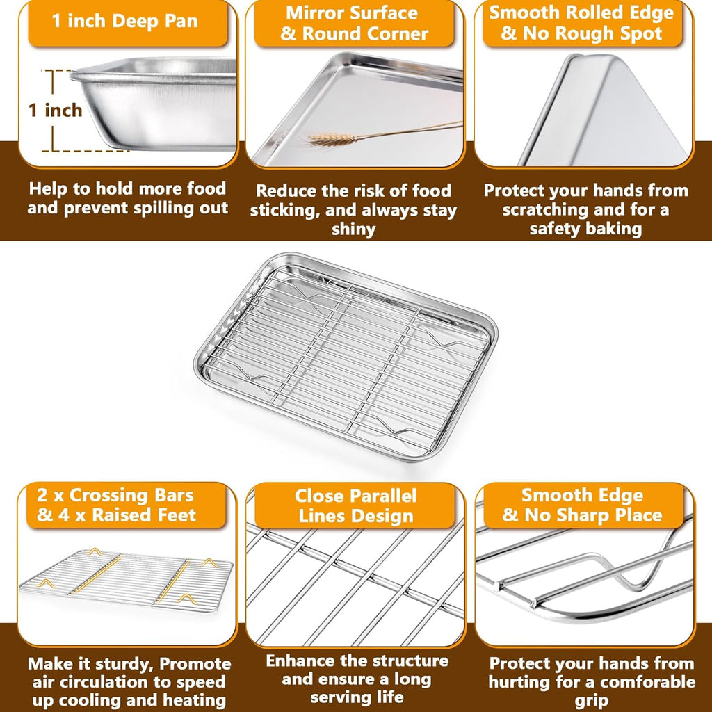 P&P CHEF Toaster Oven Pans Set - 10.4 & 9 Inch Stainless Steel Baking Trays with Racks | Non-Toxic & Dishwasher Safe