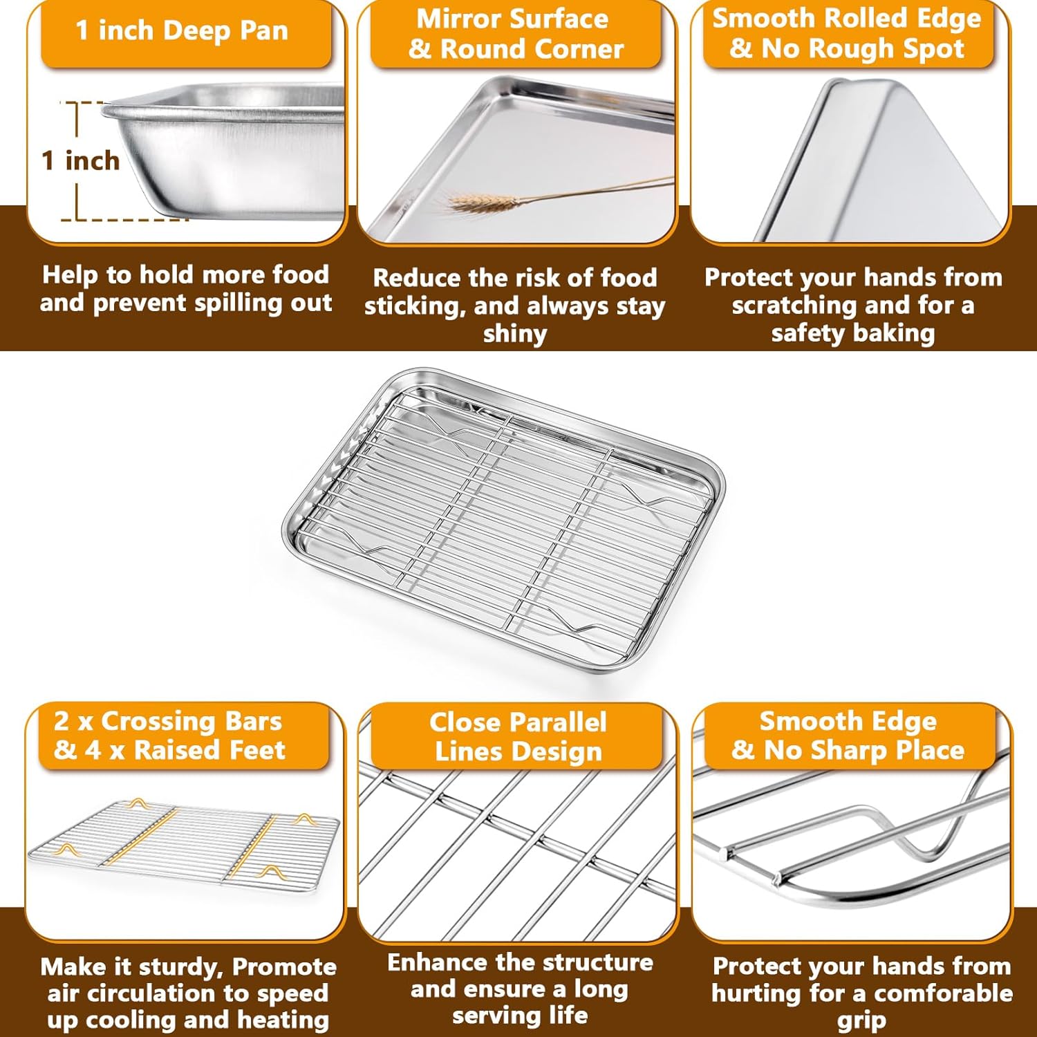 P&P CHEF Toaster Oven Pans Set - 10.4 & 9 Inch Stainless Steel Baking Trays with Racks | Non-Toxic & Dishwasher Safe