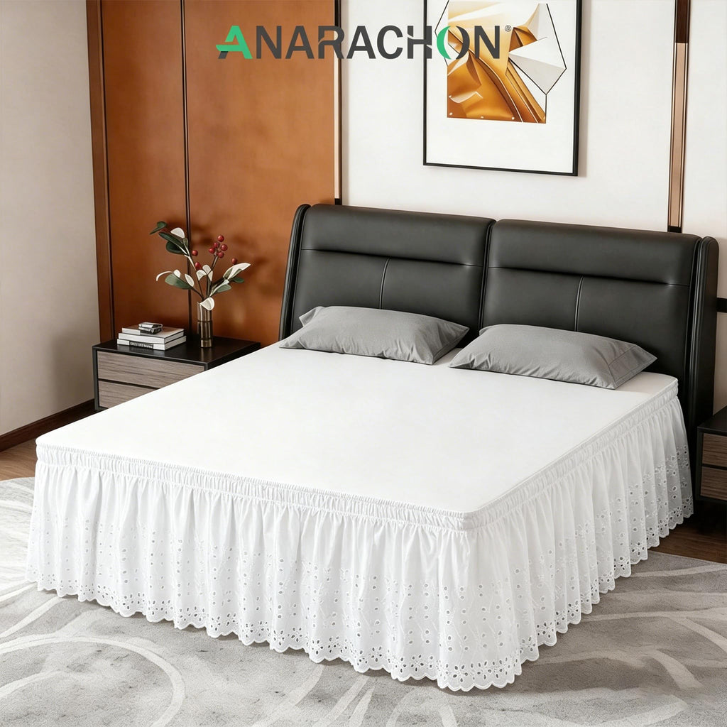 ANARACHON Queen Bed Skirt, Wrap-Around Elastic Ruffled Eyelet Bed Skirt Queen Size Dust Ruffle with Gathered Styling and Embroidered Details, 18" Drop Length (White)