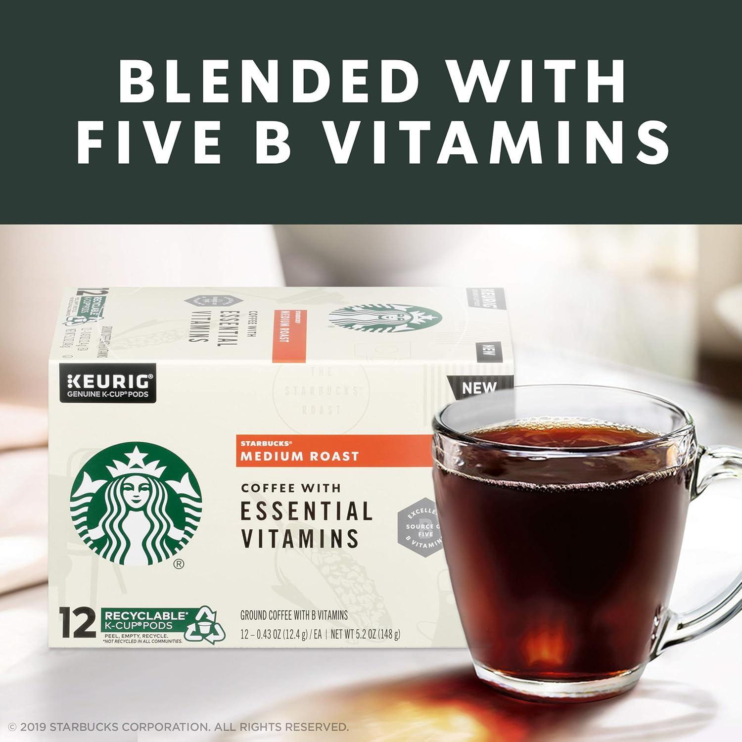 Starbucks Medium Roast K-Cup Coffee Pods - Essential B Vitamins for Keurig Brewers | 4 Boxes (48 Pods)