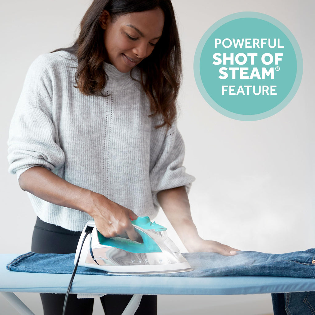 Sunbeam Turbo Steam Iron 1400W Quick Heat Stainless Steel Soleplate Shot of Steam Horizontal and Vertical 3 Way Auto Off 240ml Water Tank White Teal