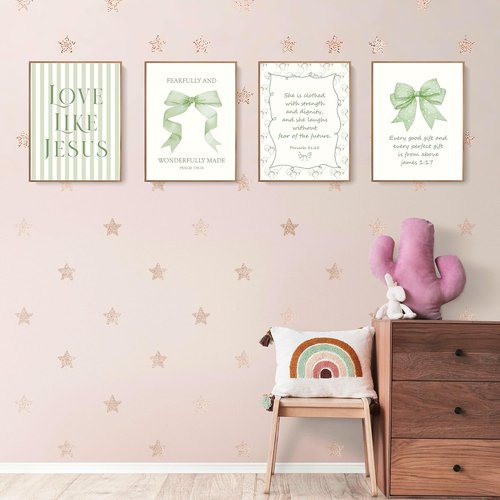 LARTSFRO Coquette Wall Art Decor - Sage Green Bow Posters with Inspirational Bible Verses | 12x16 Inch Set of 4 Unframed