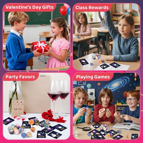 TICIAGA Valentine’s Day Space Exchange Gift - 24 Pack Galaxy Astronaut Greeting Card with Space Bounce Ball and Bag Bulk for Kid, Planet Galaxy Fidget Toy for Valentine Goodie Bag Stuffers Party Favor