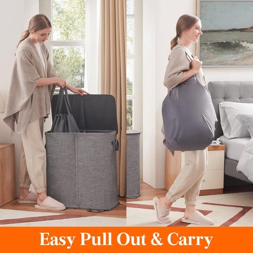 Lifewit Double Laundry Hamper - Large 136L Collapsible Basket with Lid & Removable Bags | Gray