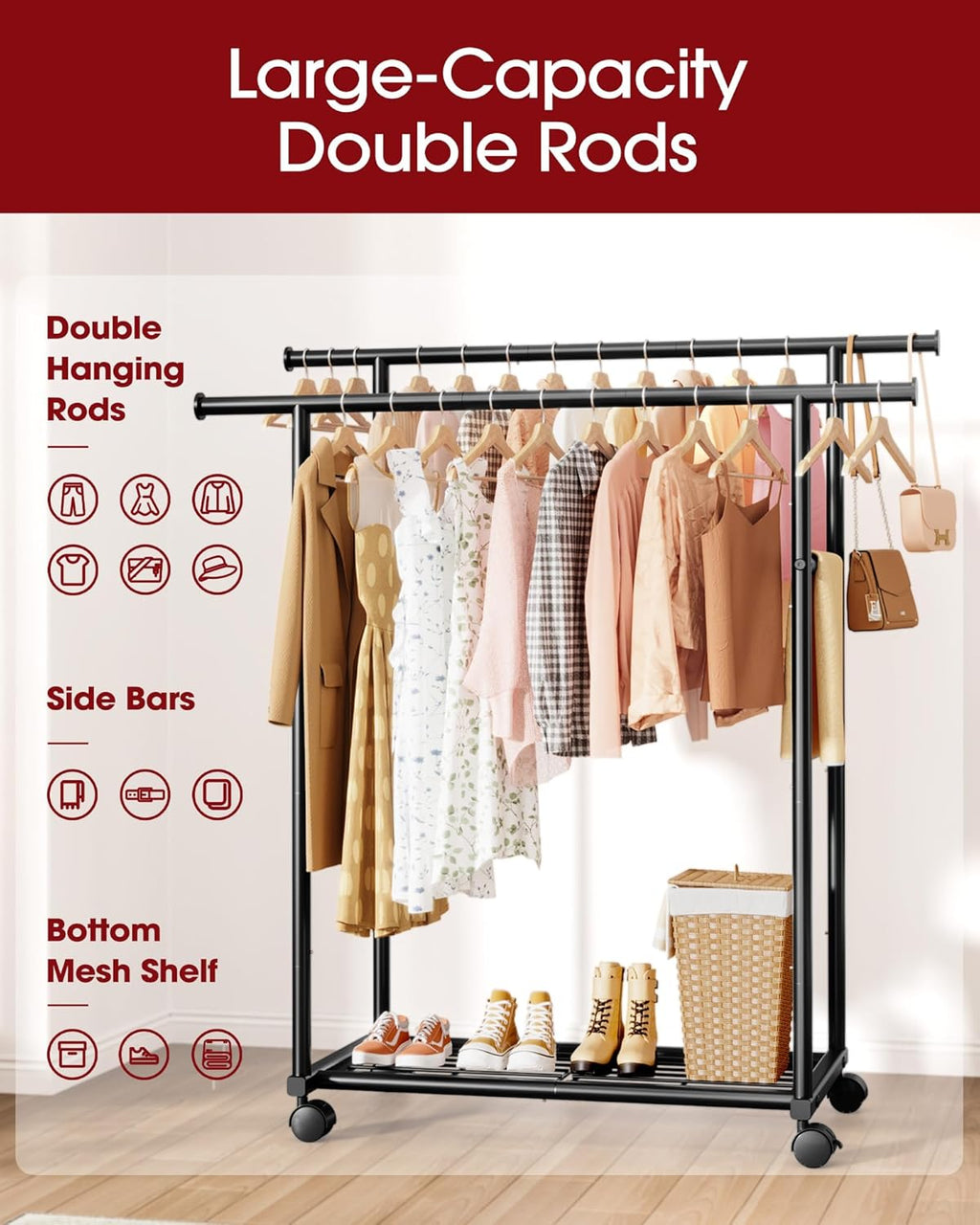 Sakugi Metal Clothes Rack - Double Rod Design with Rolling Wheels & Built-In Shelf | 38.5" x 16.9" x 59.0", Black