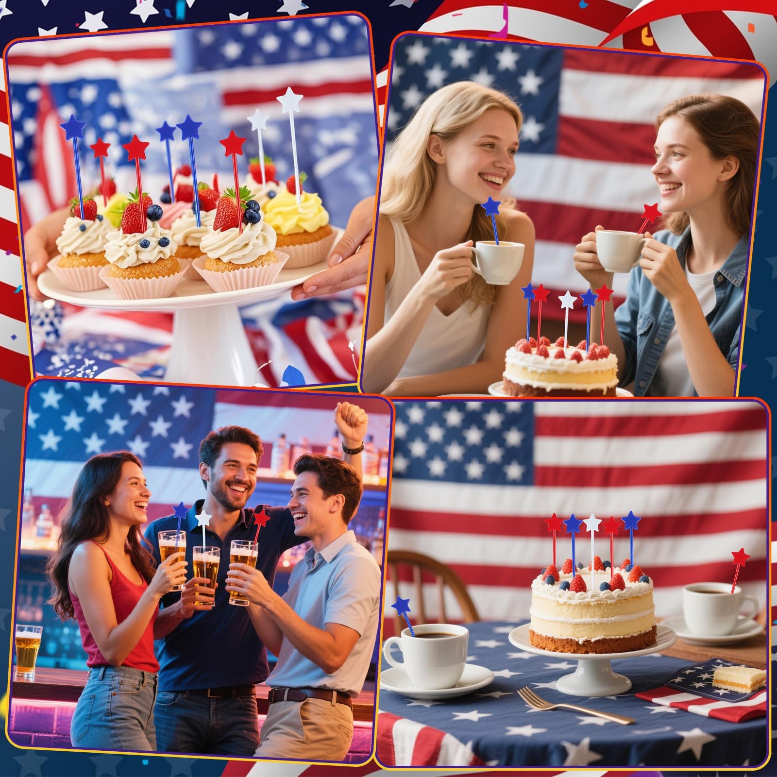 Jansun 36 Pcs 4th of July Patriotic Red White Blue Cocktail Drink Stirrers
