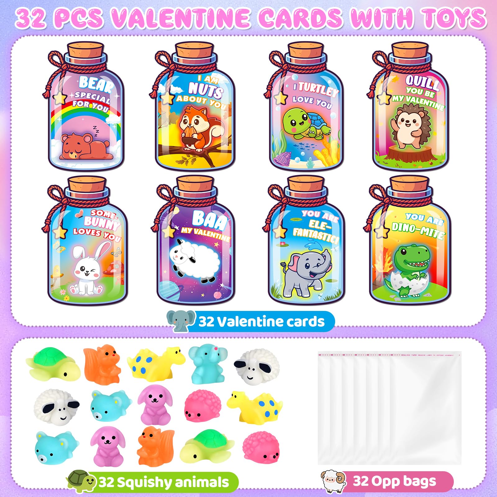 Valentines Day Gifts for Kids School, 32 Pack Cute Kawaii Mochi Squishy Toys Glow in The Dark with Animal Valentines Day Card, Fidget Squishy Toys for Classroom Class Exchange Party Favors