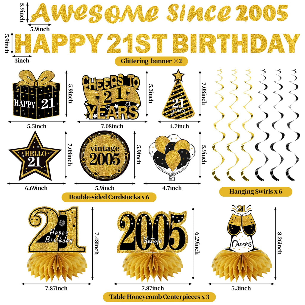 Kuxriox 11Pcs 21st Birthday Decorations Kit for Men Women, Black Gold Happy 21st Birthday Banner, Awesome Since 2005 Centerpieces Swirls Party Supplies, 21 Bday Banner Ceiling Table Topper Sign