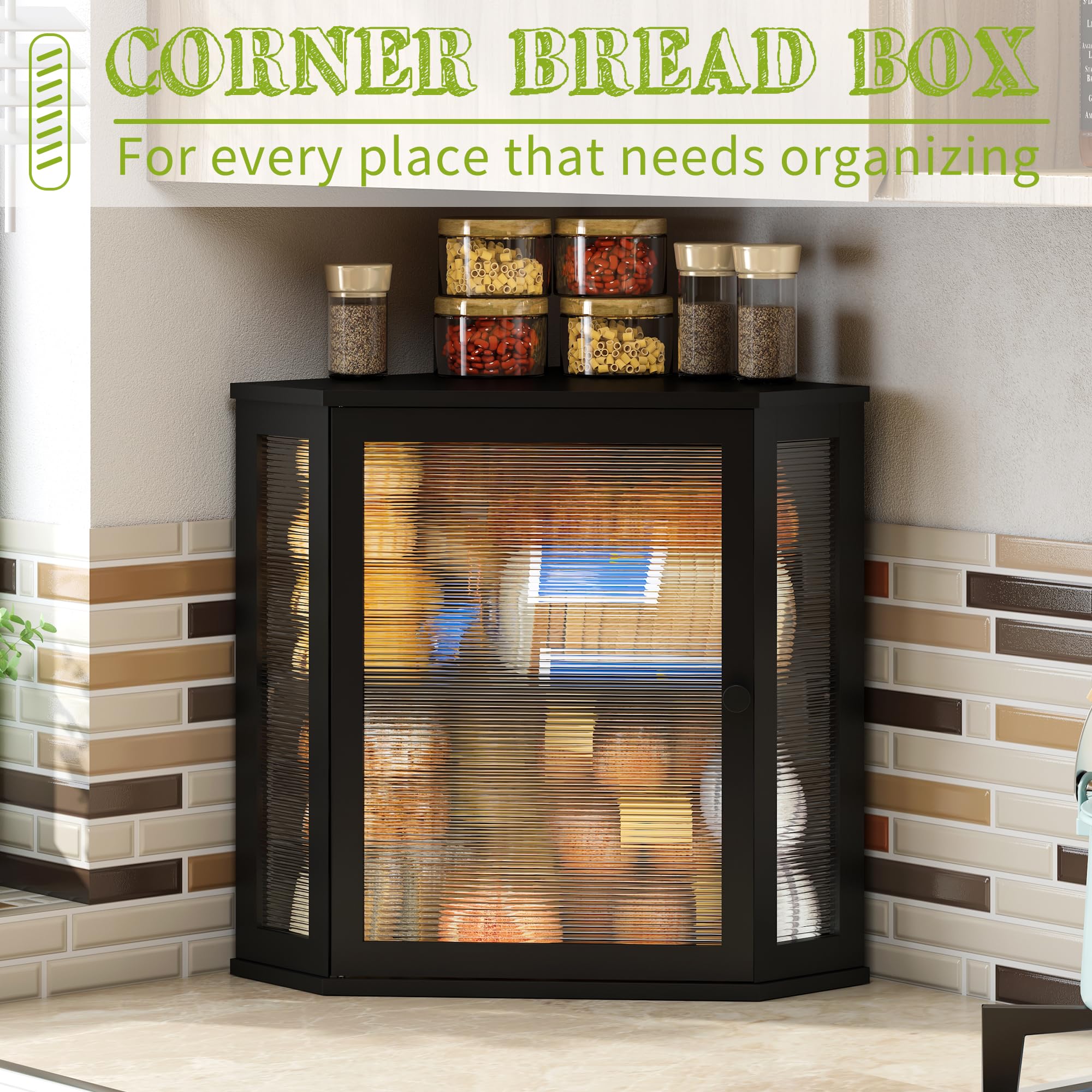 BMOSU Corner Bread Box for Kitchen Countertop Double Layer Bamboo Wooden Bread box Large Capacity Bread Storage Bin(Black, Extra Large)