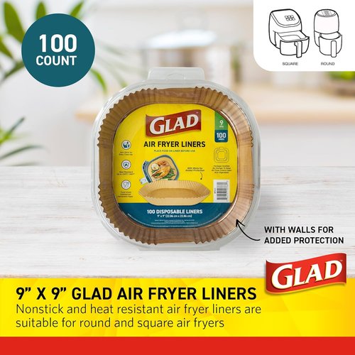 Glad Air Fryer Liners - Nonstick, Heat Resistant, Food Grade Material - 9" Rounded Square Shape, 100 Count