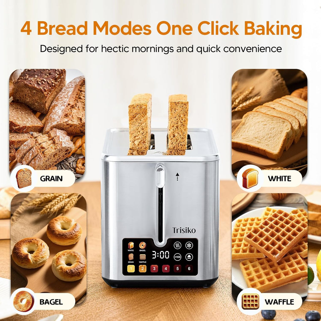 Trisiko® Touch Screen Toaster - 2 Slice Stainless Steel Smart Toaster with Digital Timer & Extra-Wide Slots