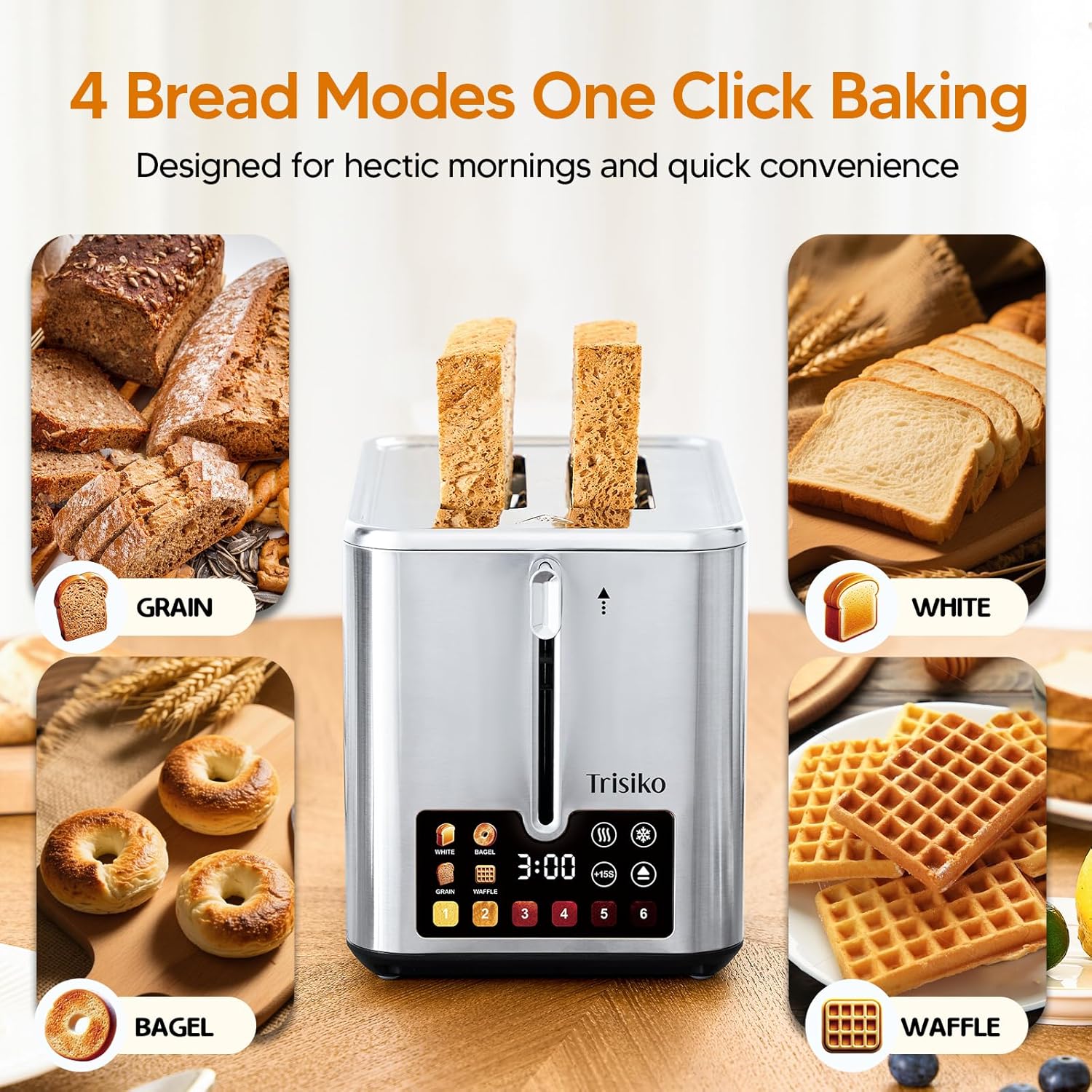 Trisiko® Touch Screen Toaster - 2 Slice Stainless Steel Smart Toaster with Digital Timer & Extra-Wide Slots