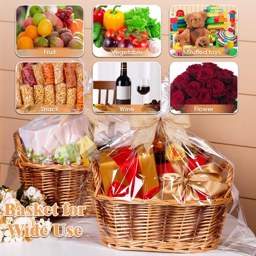 GlikCeil 4 Sets Basket for Gifts Empty Large Wicker Baskets with Gift Bags and DIY Bow Rectangular Woven Stackable Goodies Basket with Handle for Baby Shower Birthday Wedding Housewarming