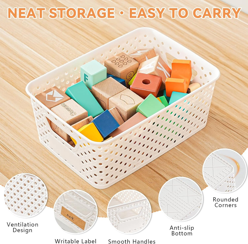Plastic Storage Baskets - 12 Pack Organizing Bins with Handles & Labels for Home, Office, Closet