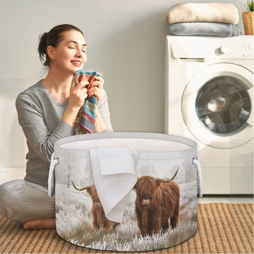 PAYOHTO Scottish Highland Cow Laundry Hamper Basket with Handles,Cotton Rope Woven Storage Bin for Clothes,Nursery Hamper,Toy Box,Clothe Socks Blanket Storage Organizer,Large Capacity 20Dx13.9H Inches