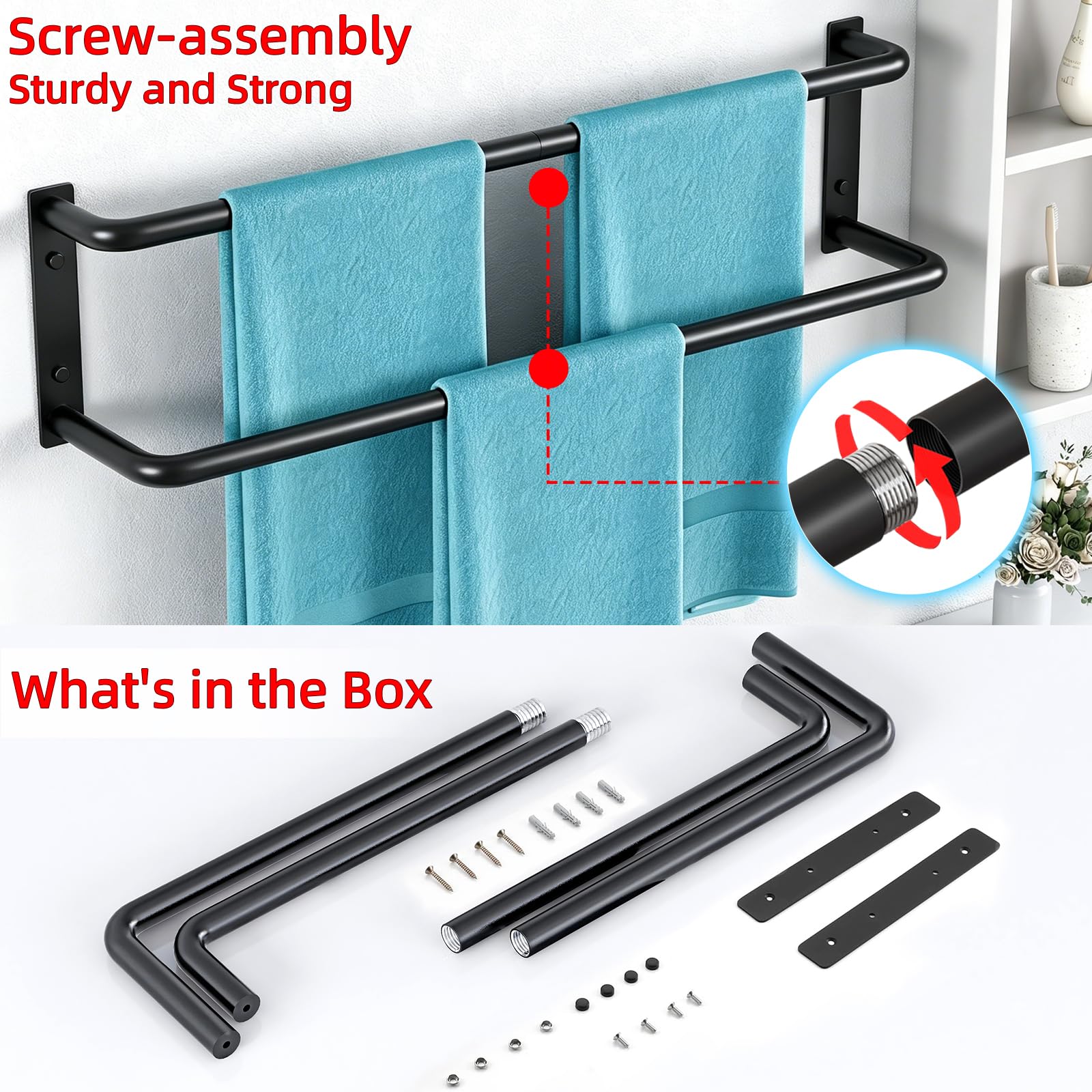 24 Inch Double Towel Bar, Towel Rack for Bathroom Wall Mounted, Stainless Steel Towel Holder, Double Towel Rod Towel Rail Hanger for Wall, Modern Home Decor Hand Towel Holder, Matte Black