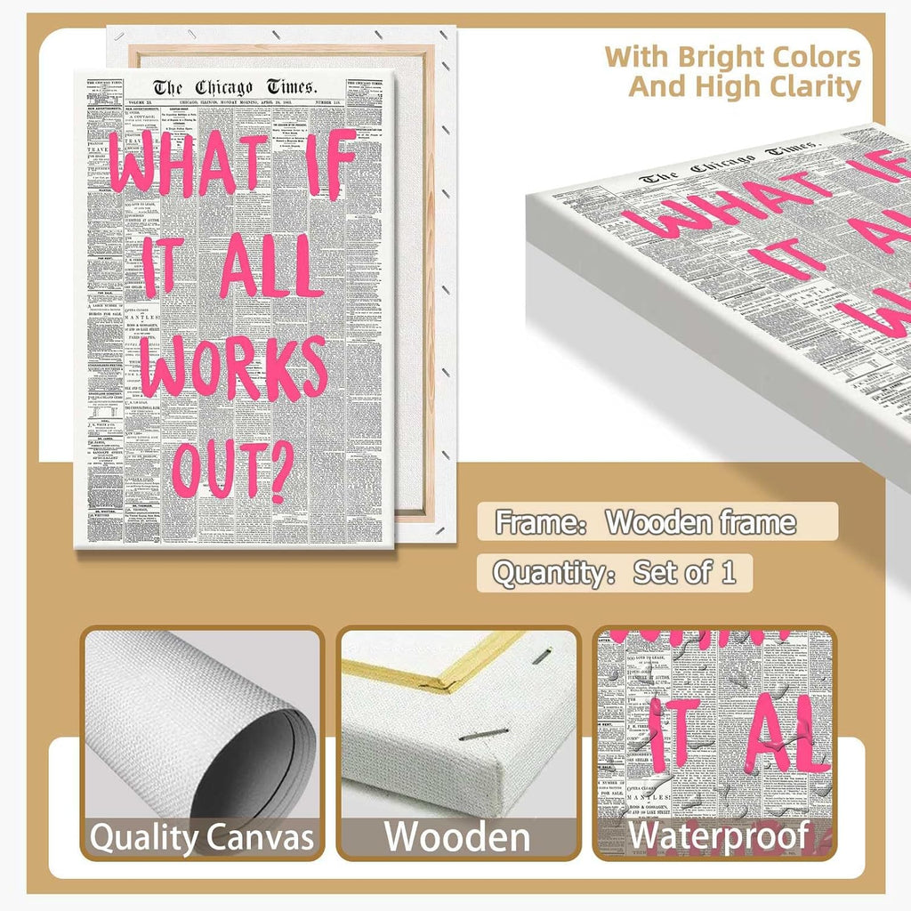 Retro Newspaper Poster by What If It All Works Out - Pink Font Canvas Wall Art | Positive Affirmation Decor 24x36in
