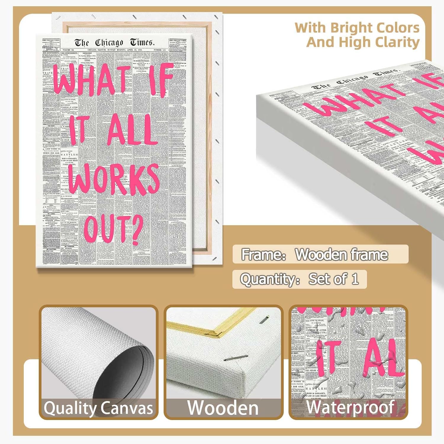 Retro Newspaper Poster by What If It All Works Out - Pink Font Canvas Wall Art | Positive Affirmation Decor 24x36in