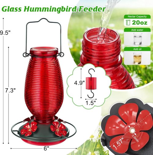FEED GARDEN Glass Hummingbird Feeder - 16 Oz Purple & 20 Oz Red for Vibrant Garden Decor