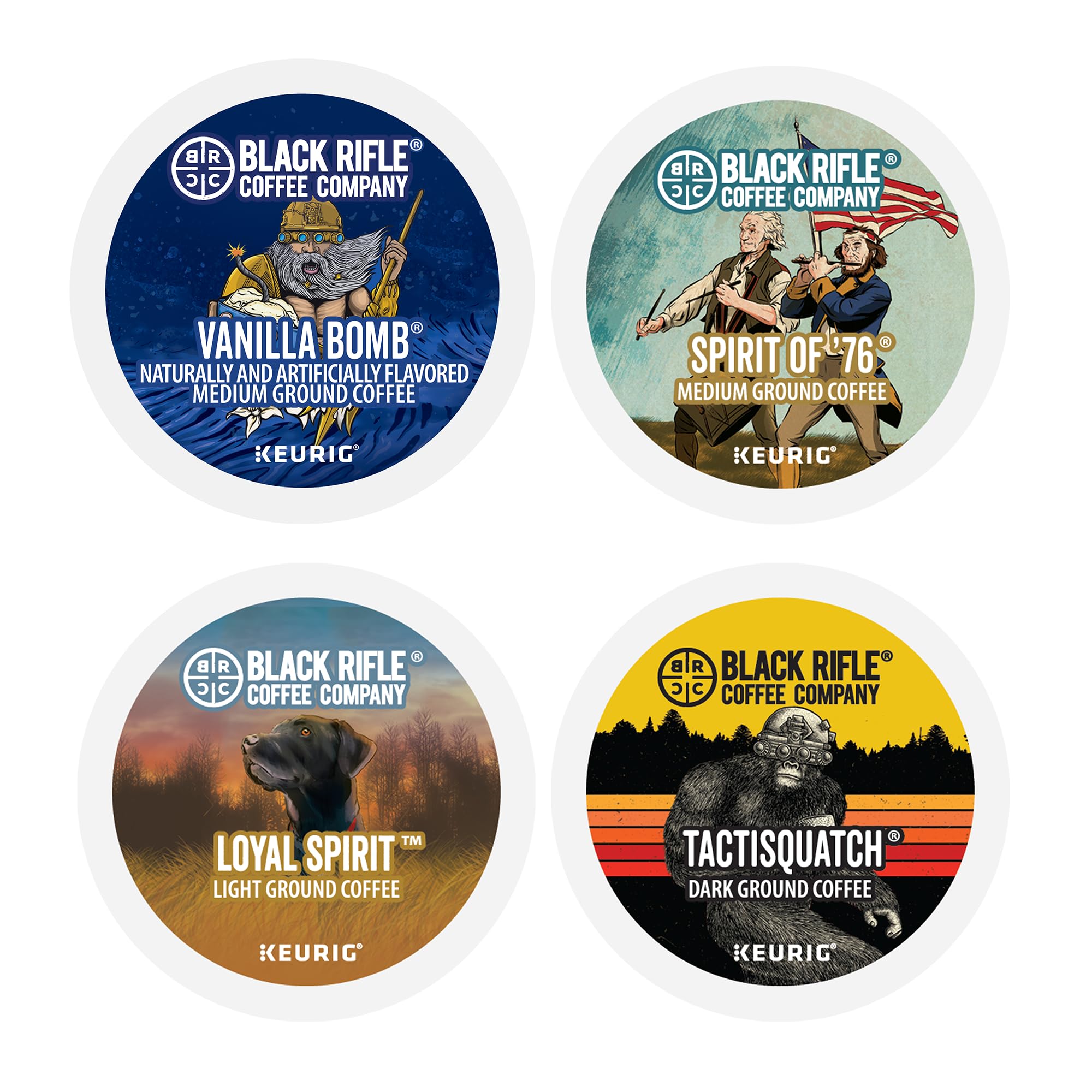 Black Rifle Coffee Flavored Variety 96 Pods - Loyal Spirit (Light Roast), Vanilla Bomb & Spirit of 76' (Medium Roast), and Tactisquatch (Dark Roast) - K Cups Coffee Variety Pack