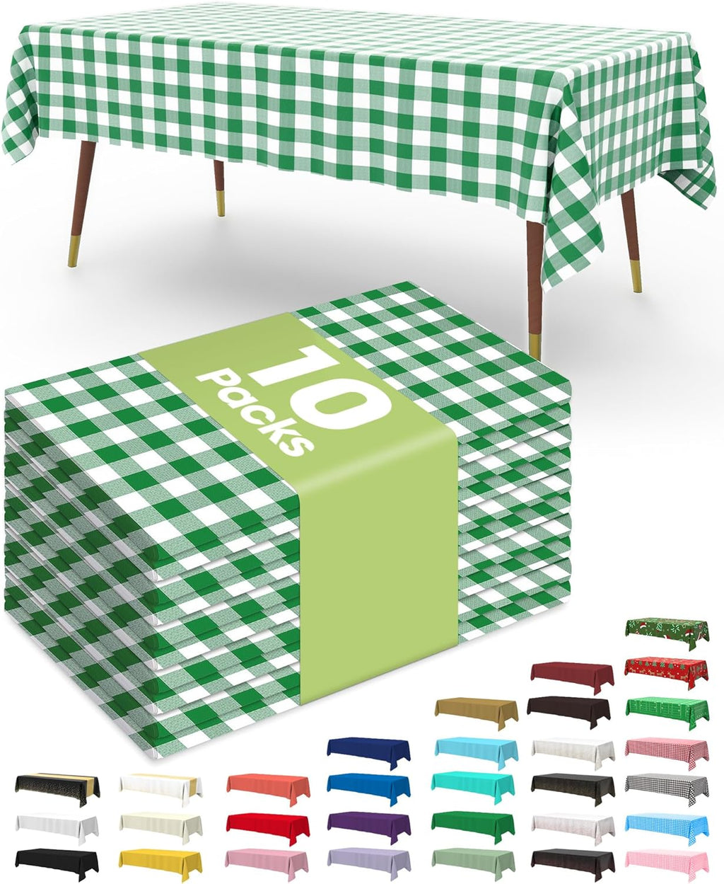 Pureegg Premium Disposable Table Covers - 10 Pack 54x108 Inch Black for Rectangular Tables | Green Plaid Design