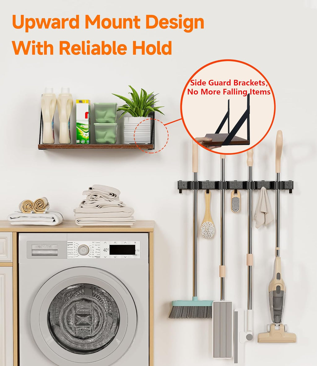 Skiennix Broom Holder Wall Mount - Space-Saving Organizer with 8 Slots & 10 Hooks | Ideal for Laundry Room, Garage, Garden