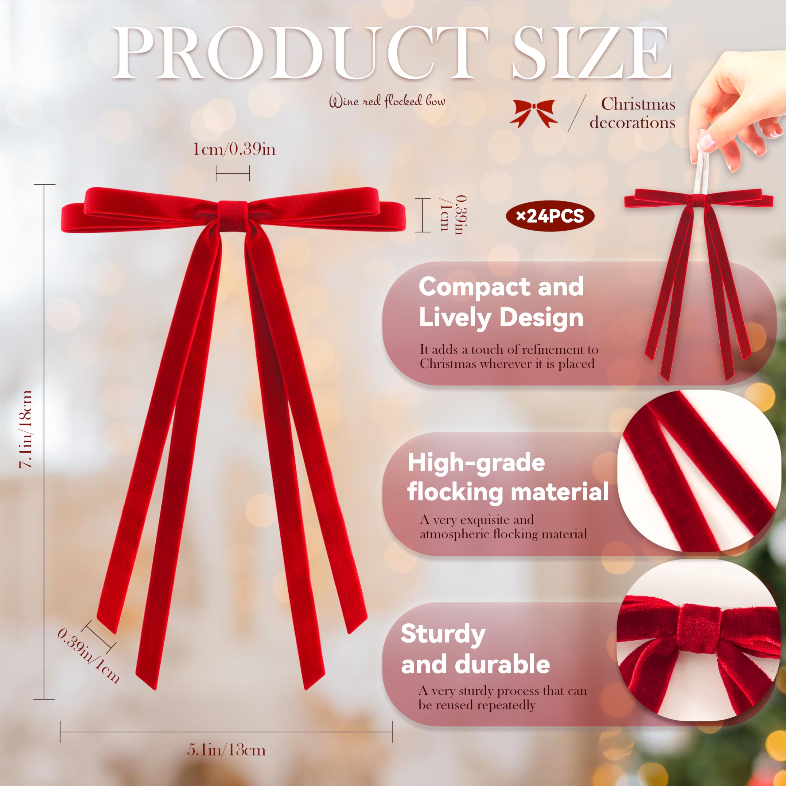 CUPLOOV 24 Pcs Christmas Bows for Tree, Red Velvet Ribbon Bow for Christmas Tree, Pre-Tied Vintage Xmas Bows for Xmas Trees Wreaths Gifts Wedding Indoor Outdoor Decorations, 5 x 7 Inch