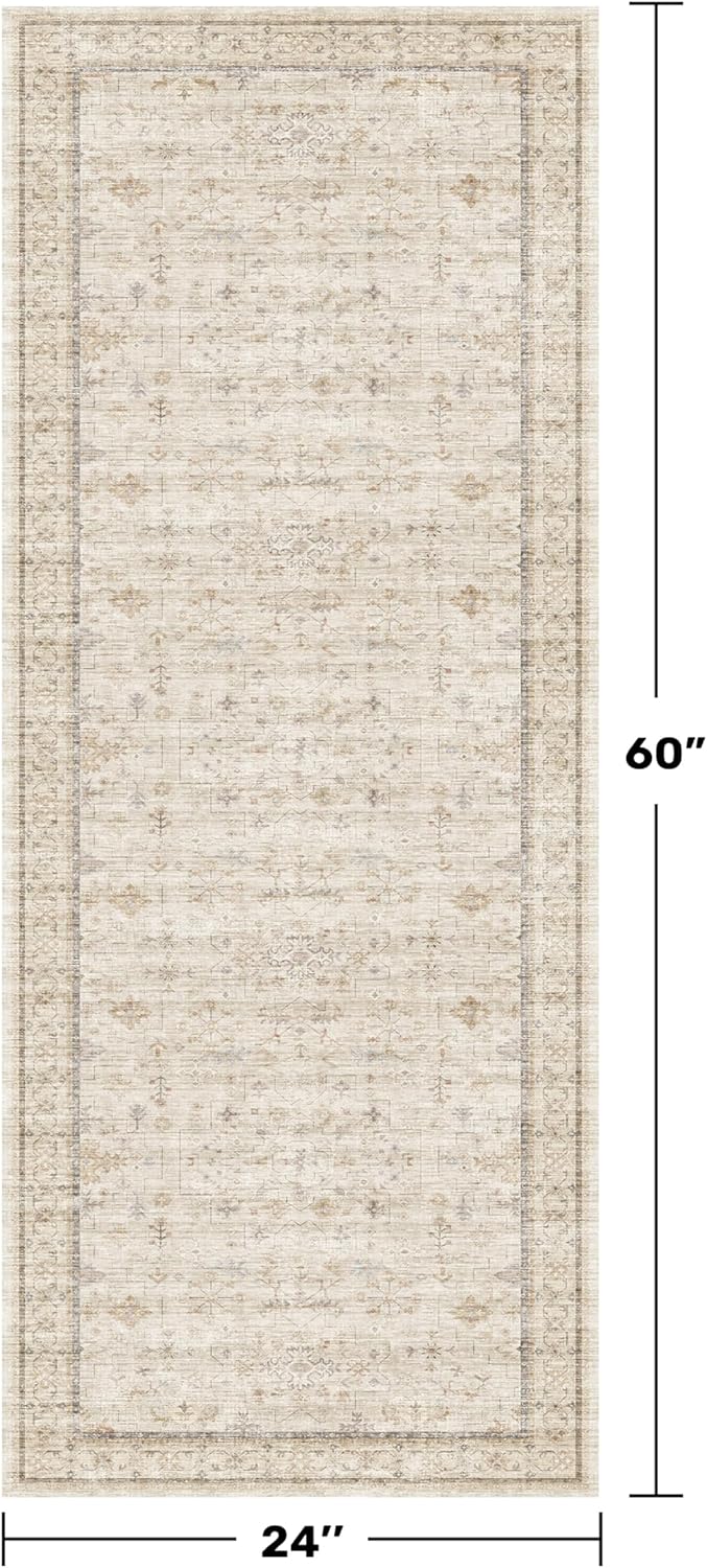 Skiennix Cream 2x5 Runner Rug - Geometric Floral Design, Washable for Bathroom & Entryway, Soft Non-Slip Beige Carpet