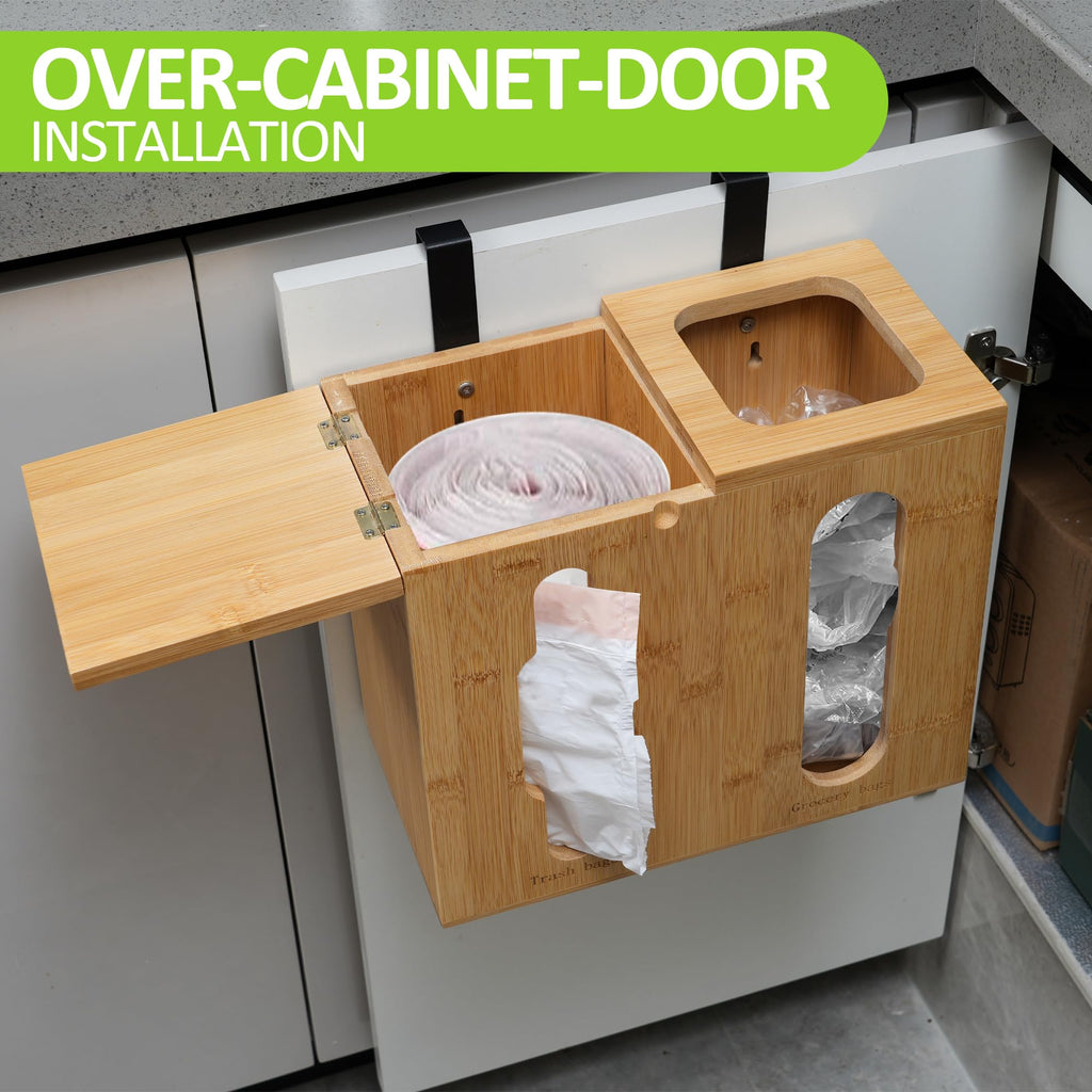 Bambition Trash Bag Dispenser & Grocery Bag Organizer, 2 in 1 Bamboo Garbage Bags Storage Box for Cabinet Door or Wall Mount