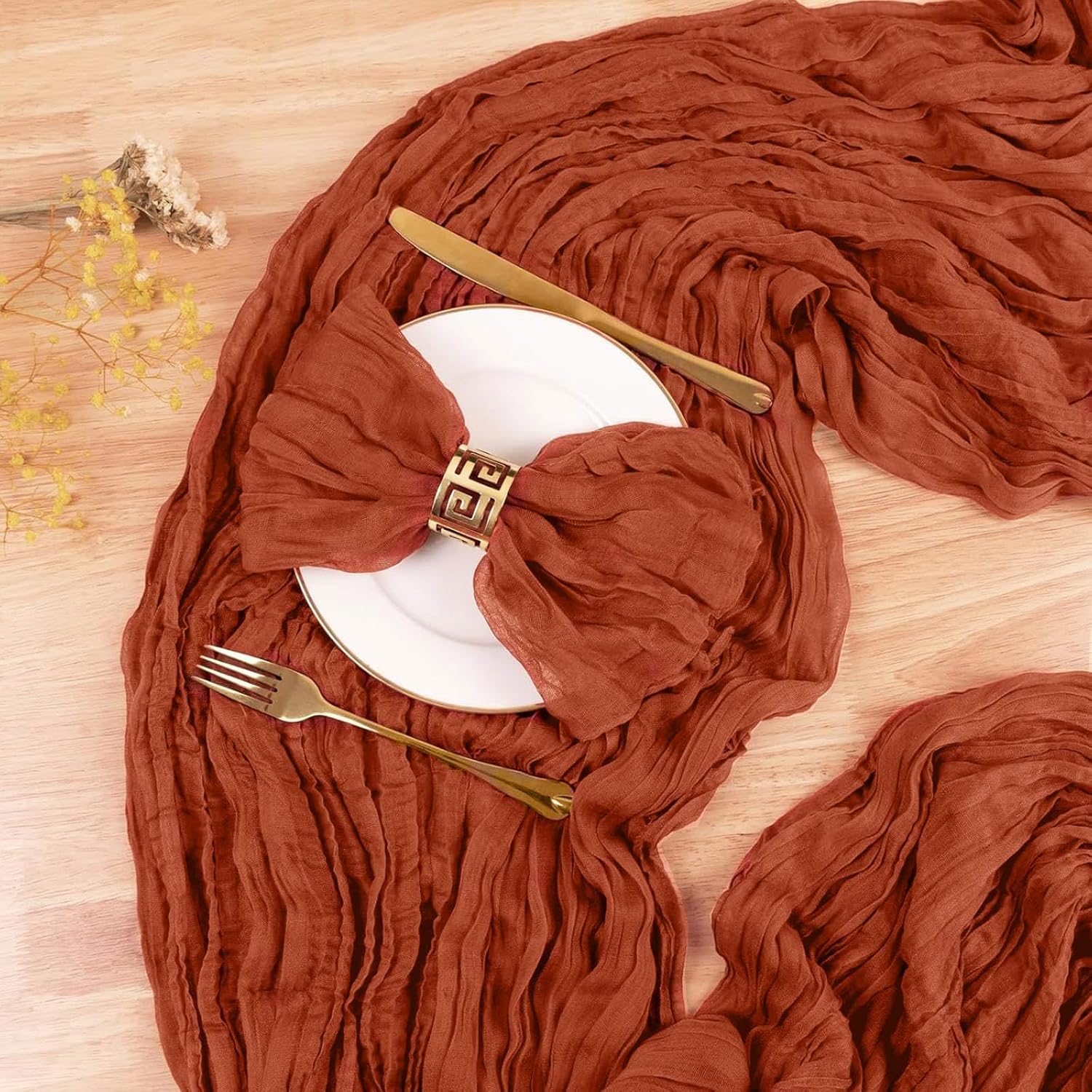 Skiennix Terracotta Cheesecloth Table Runner - 13.3 Ft Burnt Orange Boho Rustic Decor for Weddings & Holidays